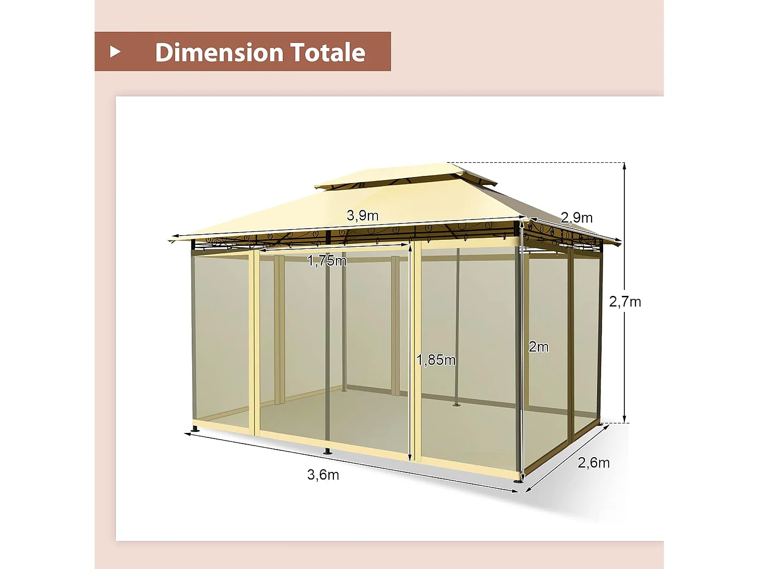 Tonnelle de Jardin 3,9 x 2,9M en Acier avec Rideaux Moustiquaires Amovibles et Toits Doubles, Tente de Réception pour Pique-Nique Festival Mariage (Beige)