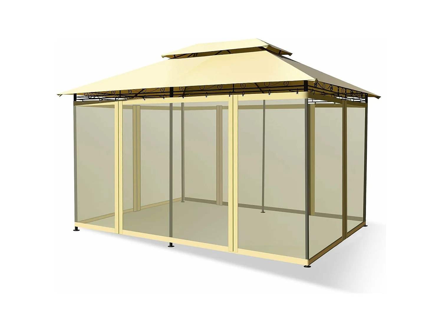 Tonnelle de Jardin 3,9 x 2,9M en Acier avec Rideaux Moustiquaires Amovibles et Toits Doubles, Tente de Réception pour Pique-Nique Festival Mariage (Beige)