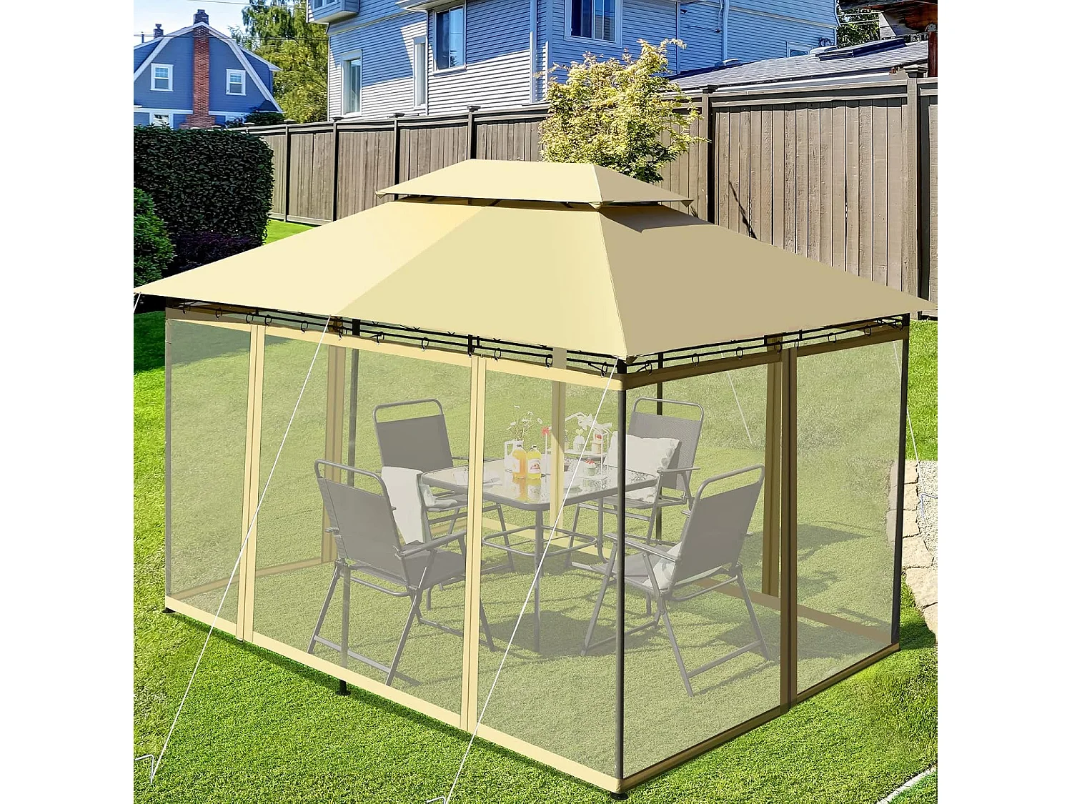 Tonnelle de Jardin 3,9 x 2,9M en Acier avec Rideaux Moustiquaires Amovibles et Toits Doubles, Tente de Réception pour Pique-Nique Festival Mariage (Beige)