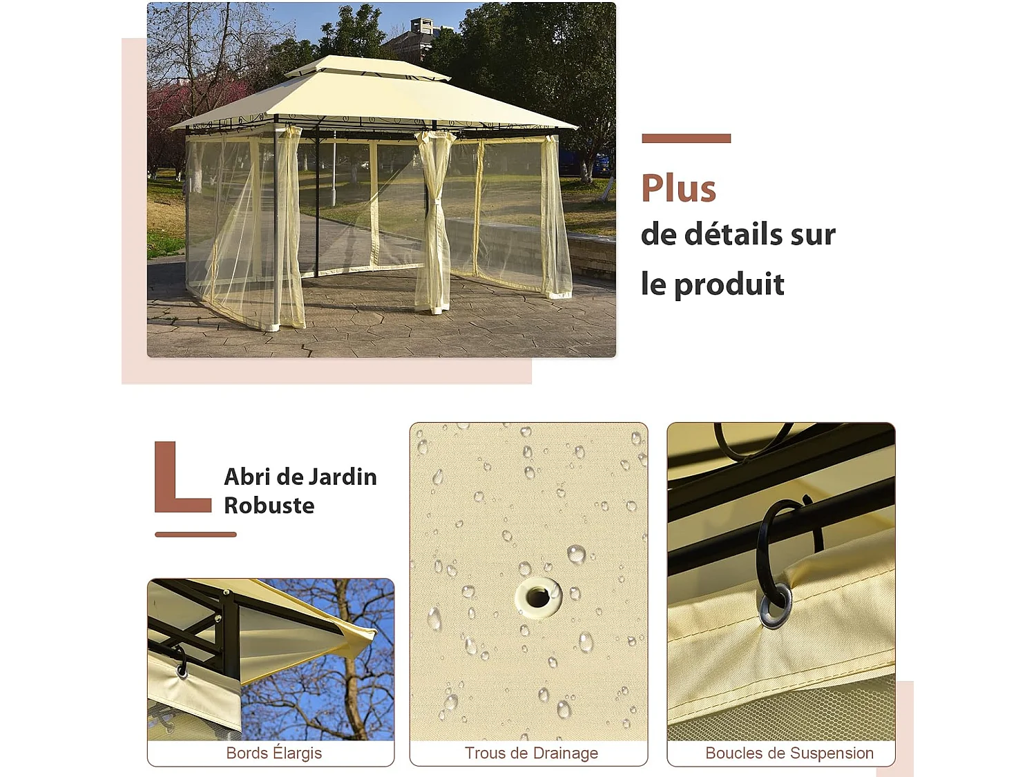 Tonnelle de Jardin 3,9 x 2,9M en Acier avec Rideaux Moustiquaires Amovibles et Toits Doubles, Tente de Réception pour Pique-Nique Festival Mariage (Beige)