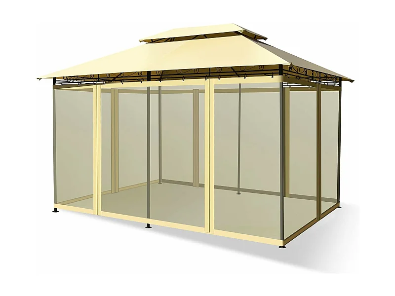 Tonnelle de Jardin 3,9 x 2,9M en Acier avec Rideaux Moustiquaires Amovibles et Toits Doubles, Tente de Réception pour Pique-Nique Festival Mariage (Beige)