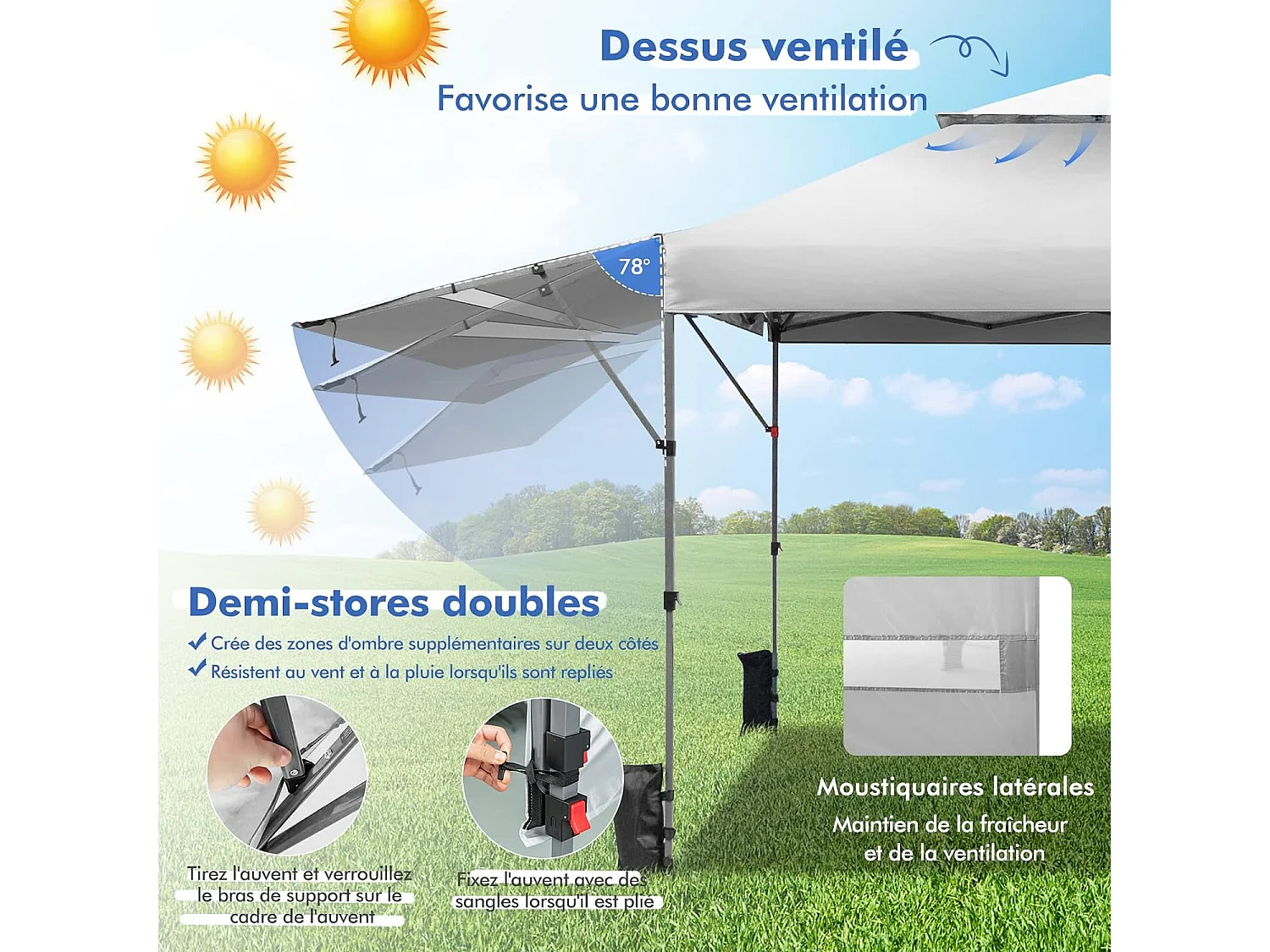 Tonnelle de Jardin Pliable 3x3m avec Double Auvents 1,25x3cm, Tente de Jardin 2 Roulettes Sacs de Sable 3 Hauteurs Réglable pour Marché Patio CamBoisg (Blanc)