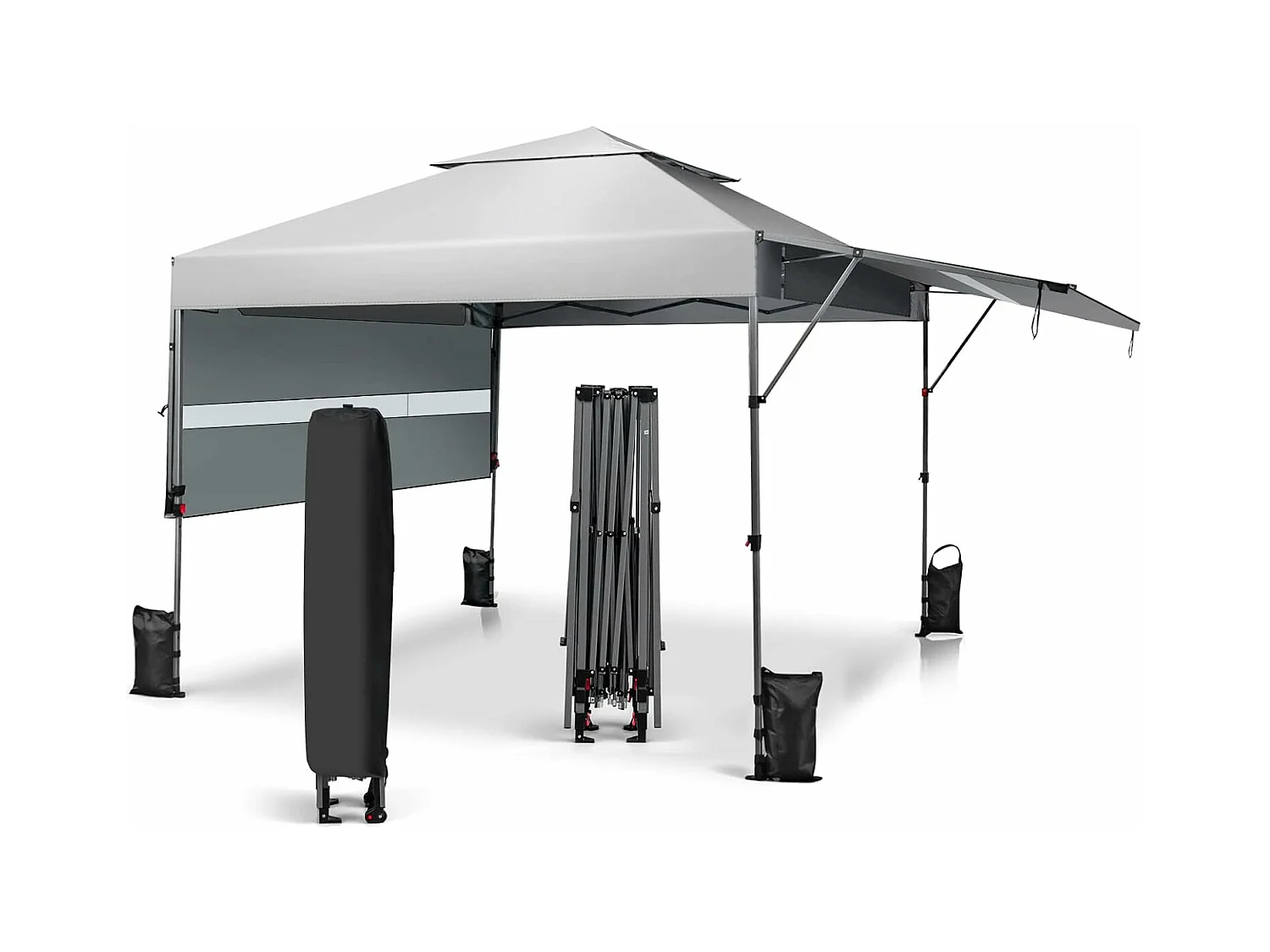 Tonnelle de Jardin Pliable 3x3m avec Double Auvents 1,25x3cm, Tente de Jardin 2 Roulettes Sacs de Sable 3 Hauteurs Réglable pour Marché Patio CamBoisg (Blanc)