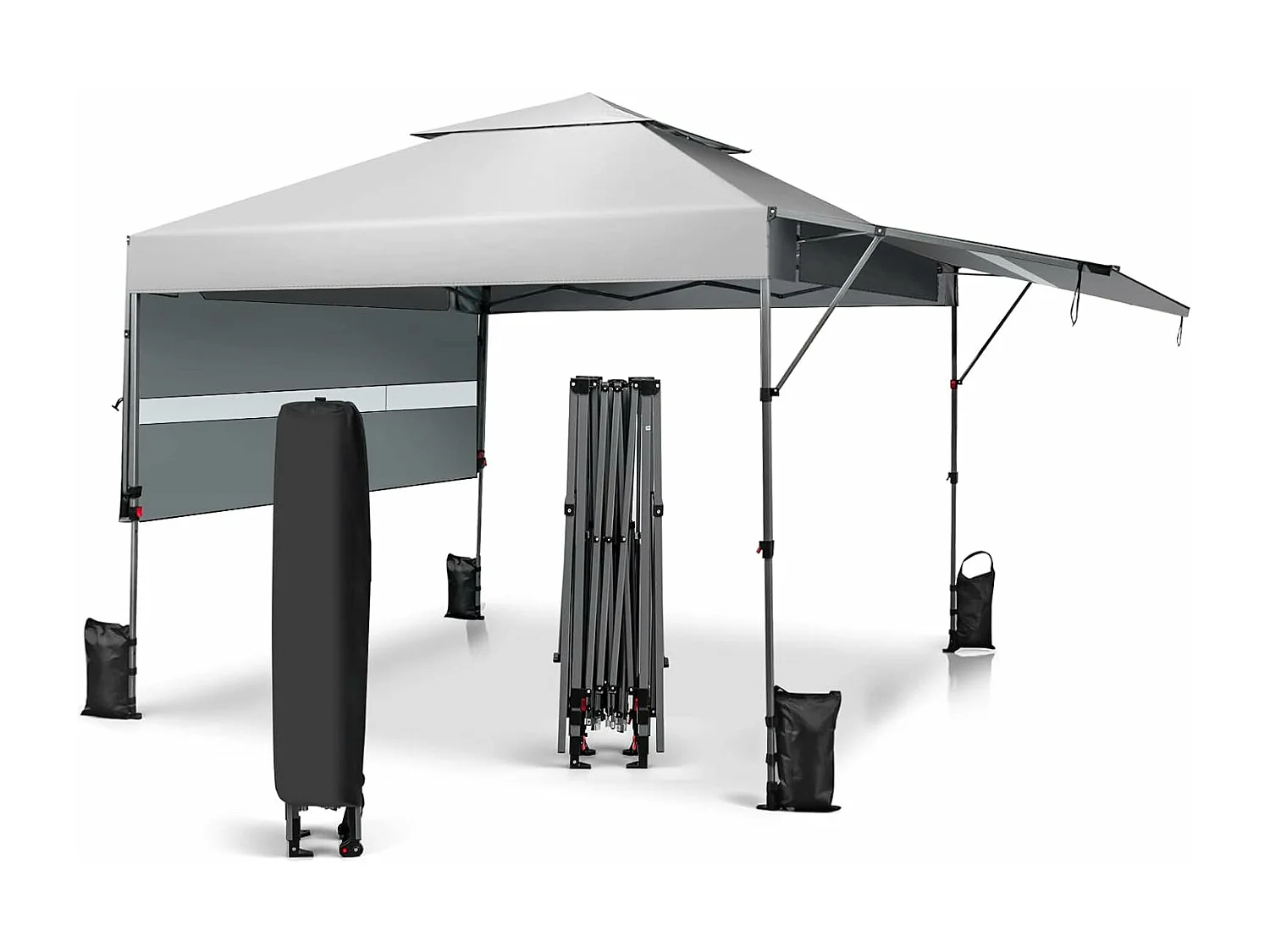 Tonnelle de Jardin Pliable 3x3m avec Double Auvents 1,25x3cm, Tente de Jardin 2 Roulettes Sacs de Sable 3 Hauteurs Réglable pour Marché Patio CamBoisg (Blanc)