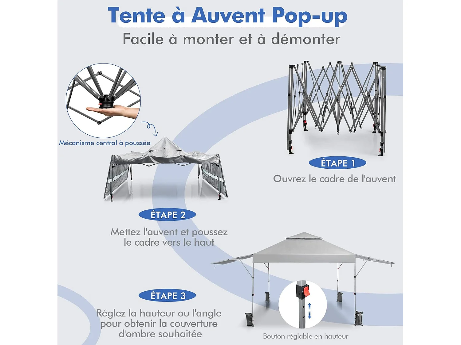 Tonnelle de Jardin Pliable 3x3m avec Double Auvents 1,25x3cm, Tente de Jardin 2 Roulettes Sacs de Sable 3 Hauteurs Réglable pour Marché Patio CamBoisg (Blanc)