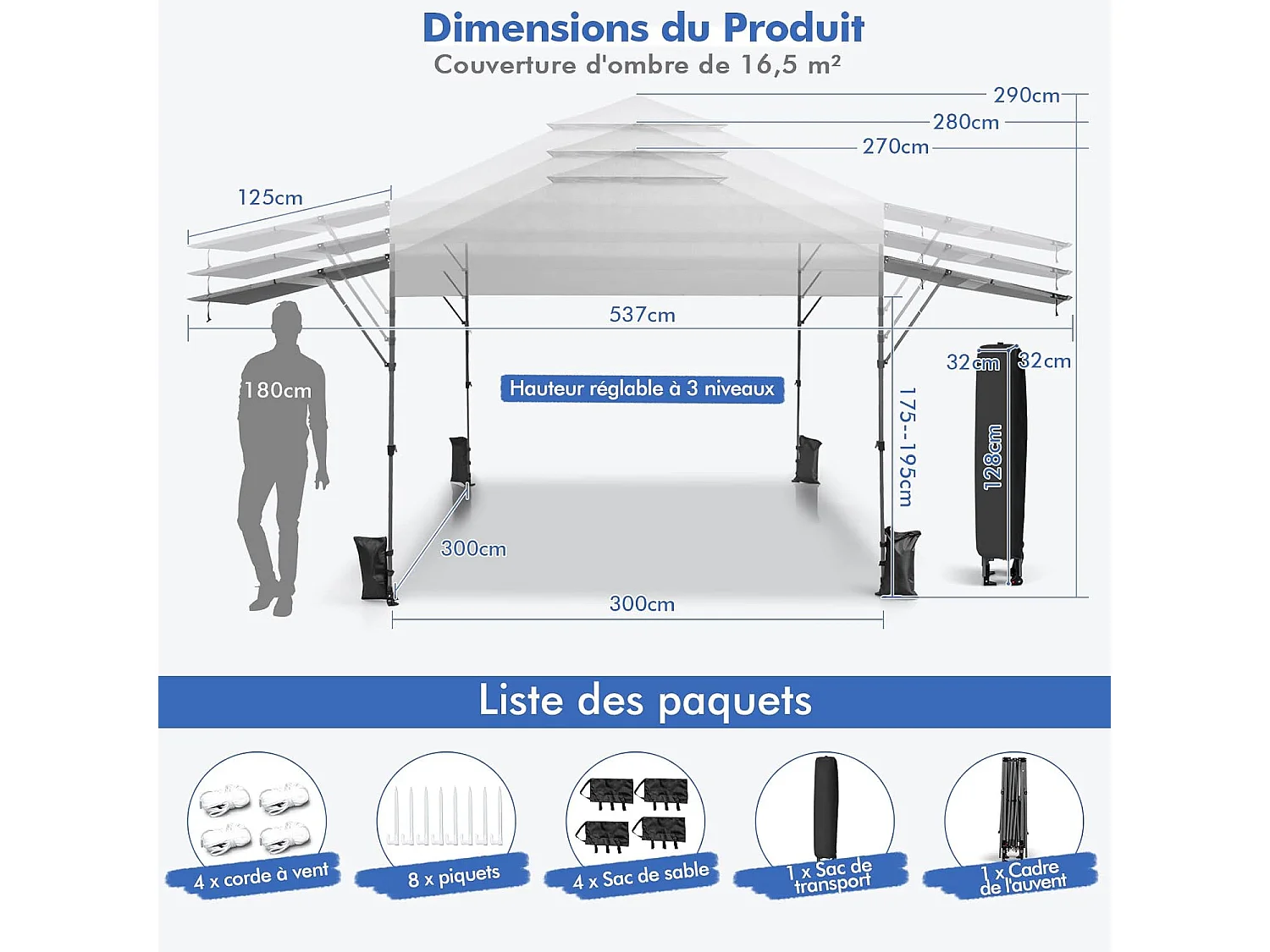 Tonnelle de Jardin Pliable 3x3m avec Double Auvents 1,25x3cm, Tente de Jardin 2 Roulettes Sacs de Sable 3 Hauteurs Réglable pour Marché Patio CamBoisg (Blanc)