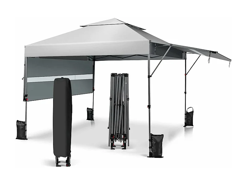 Tonnelle de Jardin Pliable 3x3m avec Double Auvents 1,25x3cm, Tente de Jardin 2 Roulettes Sacs de Sable 3 Hauteurs Réglable pour Marché Patio CamBoisg (Blanc)