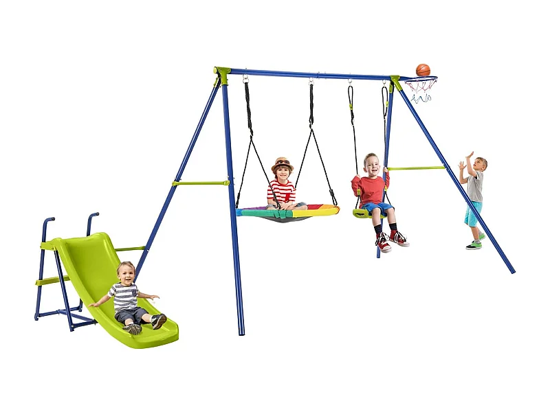 Portique de Balançoire 4 en 1 avec Toboggan & Panier de Basket, Balançoire Nid d'Oiseau Ø82 cm et en U avec Hauteur Réglable, Charge 50kg pour 4 Enfants de 3-12 Ans