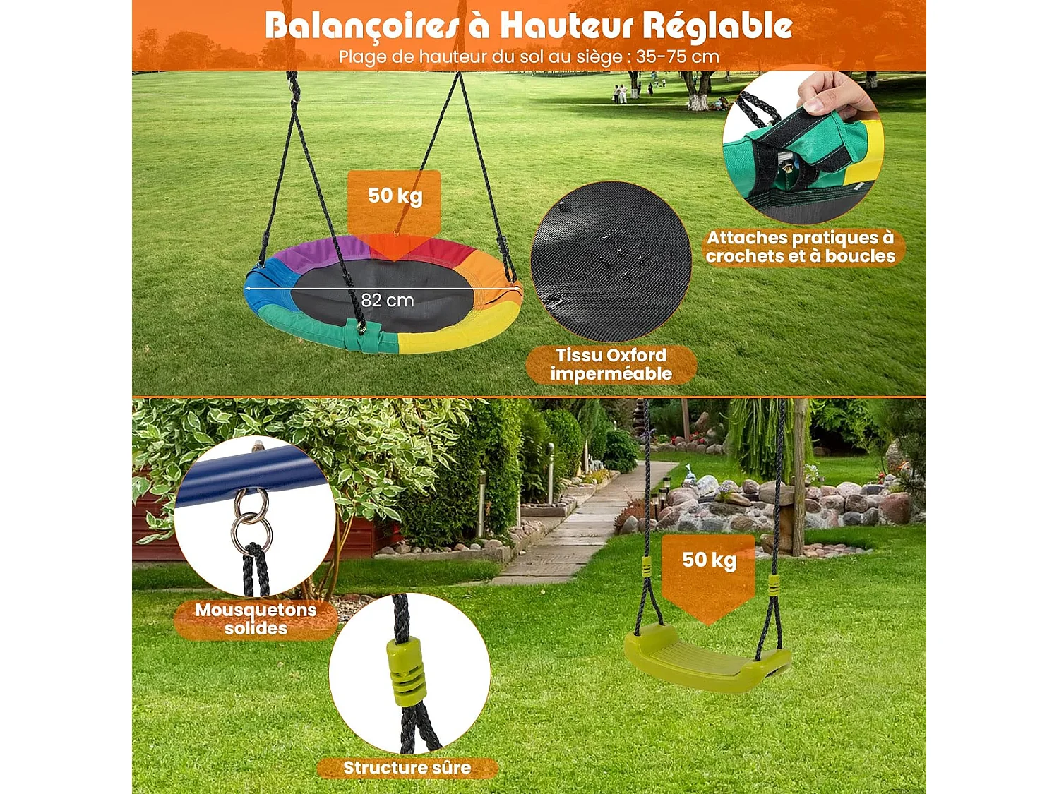 Portique de Balançoire 4 en 1 avec Toboggan & Panier de Basket, Balançoire Nid d'Oiseau Ø82 cm et en U avec Hauteur Réglable, Charge 50kg pour 4 Enfants de 3-12 Ans