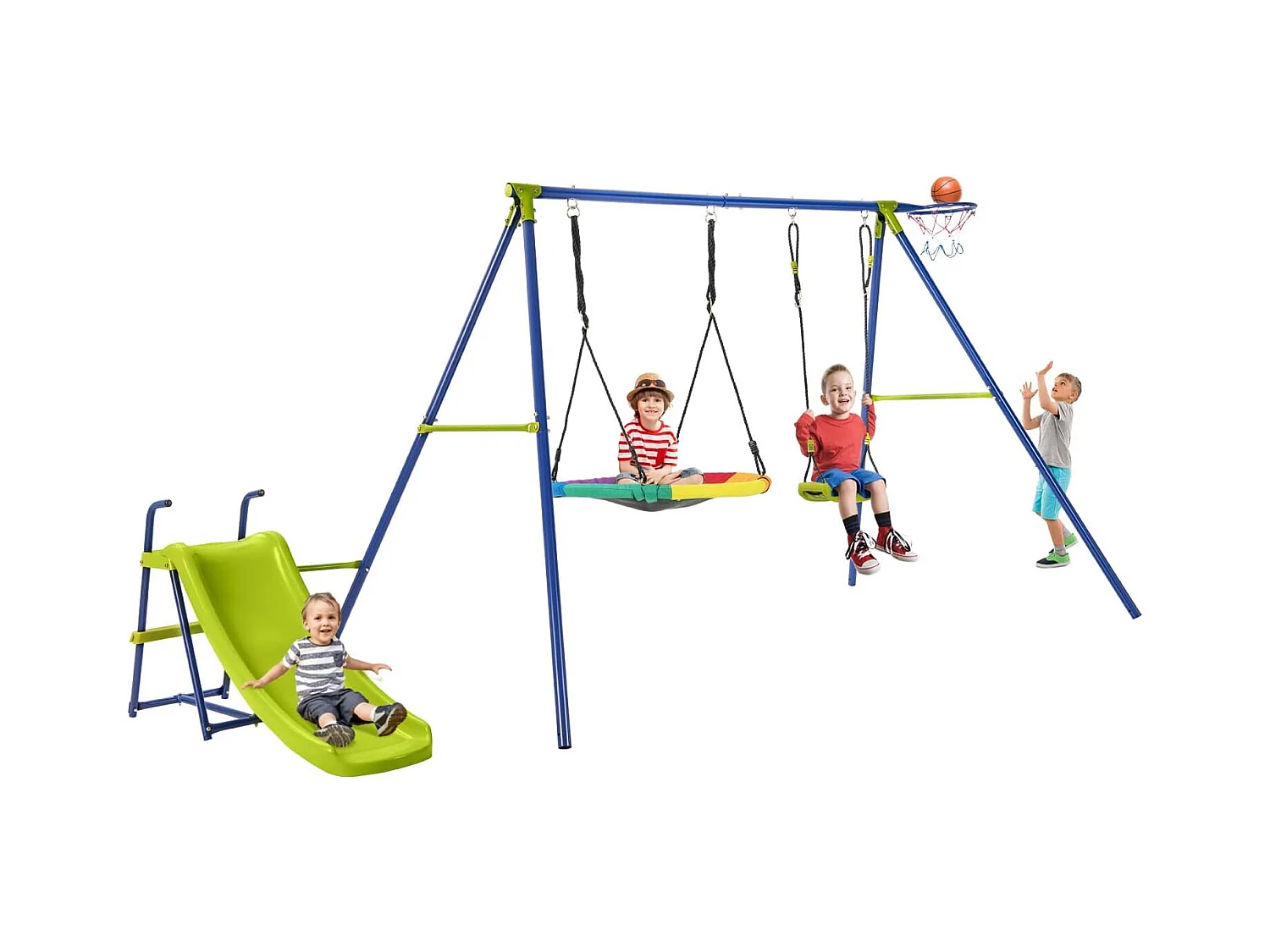 Portique de Balançoire 4 en 1 avec Toboggan & Panier de Basket, Balançoire Nid d'Oiseau Ø82 cm et en U avec Hauteur Réglable, Charge 50kg pour 4 Enfants de 3-12 Ans