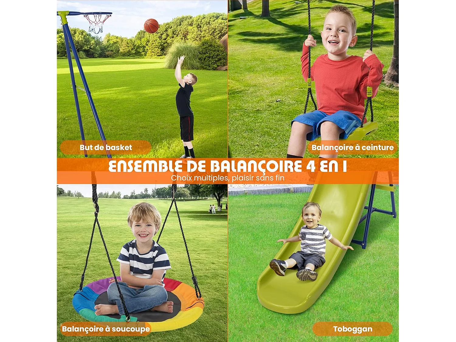 Portique de Balançoire 4 en 1 avec Toboggan & Panier de Basket, Balançoire Nid d'Oiseau Ø82 cm et en U avec Hauteur Réglable, Charge 50kg pour 4 Enfants de 3-12 Ans