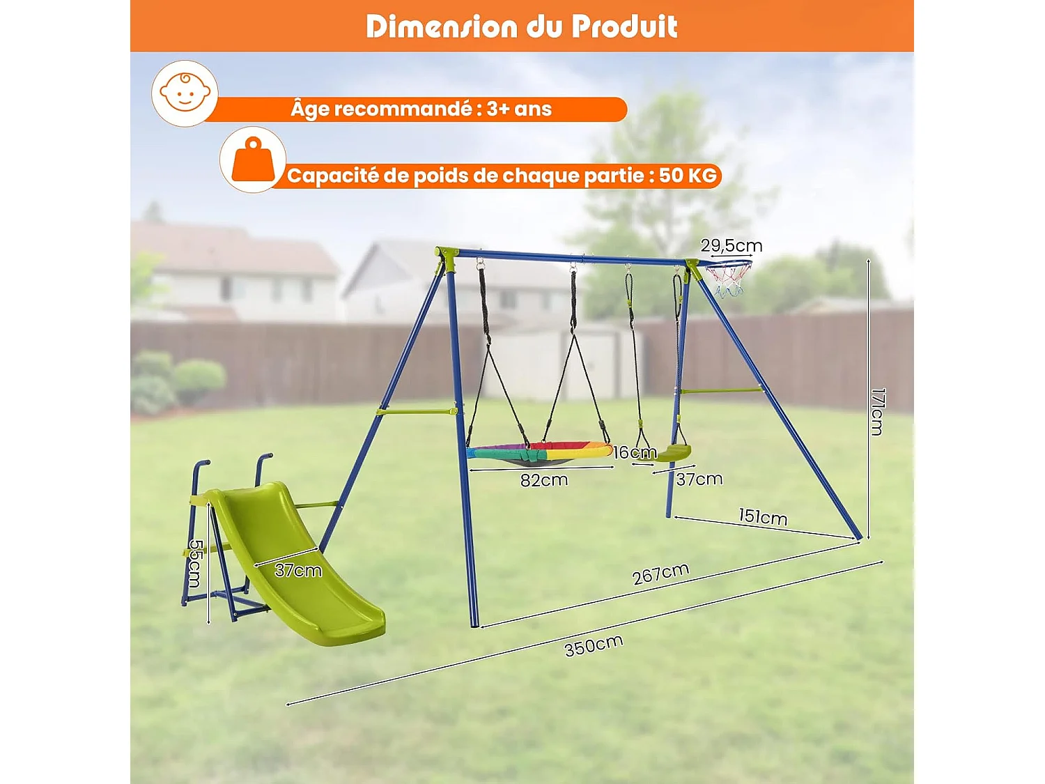 Portique de Balançoire 4 en 1 avec Toboggan & Panier de Basket, Balançoire Nid d'Oiseau Ø82 cm et en U avec Hauteur Réglable, Charge 50kg pour 4 Enfants de 3-12 Ans