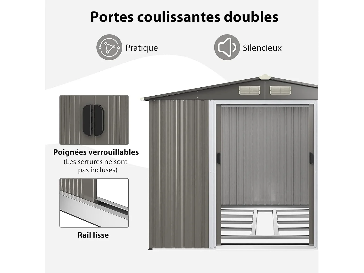 Abri de Jardin 4.7㎡en Acier Galvanisé Anti-UV, 260 x 207 x 181 CM, Cabane de Jardin Exterieur 9.7 m³ avec Fondation et Porte Coulissante, Rampe, 4 Trous d’Aération, 4 Gants Inclus, Gris
