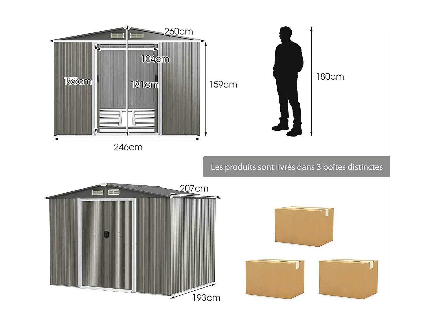 Abri de Jardin 4.7㎡en Acier Galvanisé Anti-UV, 260 x 207 x 181 CM, Cabane de Jardin Exterieur 9.7 m³ avec Fondation et Porte Coulissante, Rampe, 4 Trous d’Aération, 4 Gants Inclus, Gris