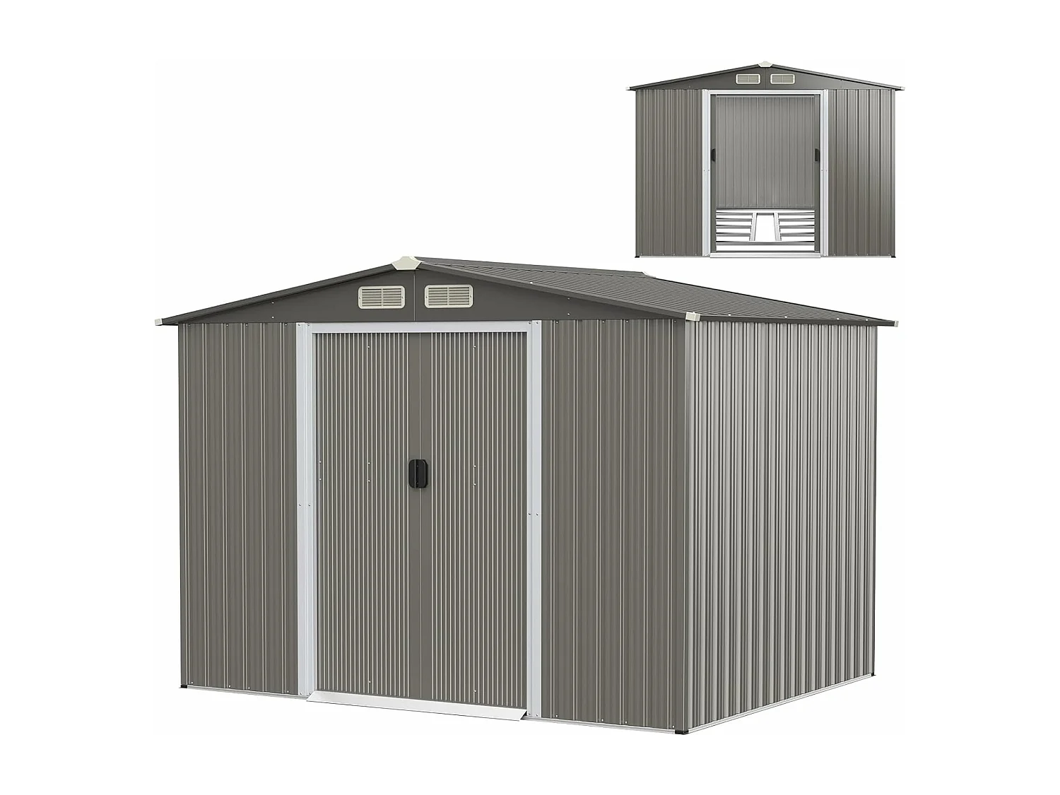 4,7㎡ Gegalvaniseerd stalen metalen tuinhuisje voor buiten met fundering, hellend dak, 4 luiken, dubbele schuifdeur, tuinhuisje voor buiten met oprit, voor fiets, prullenbak, 260x207x181cm