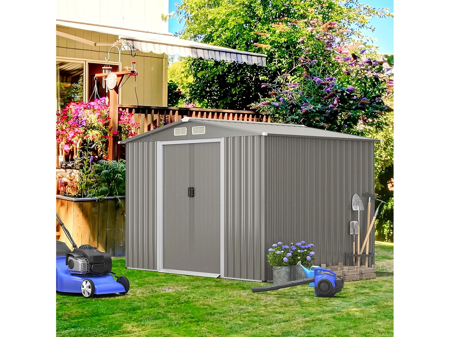 4,7㎡ Gegalvaniseerd stalen metalen tuinhuisje voor buiten met fundering, hellend dak, 4 luiken, dubbele schuifdeur, tuinhuisje voor buiten met oprit, voor fiets, prullenbak, 260x207x181cm