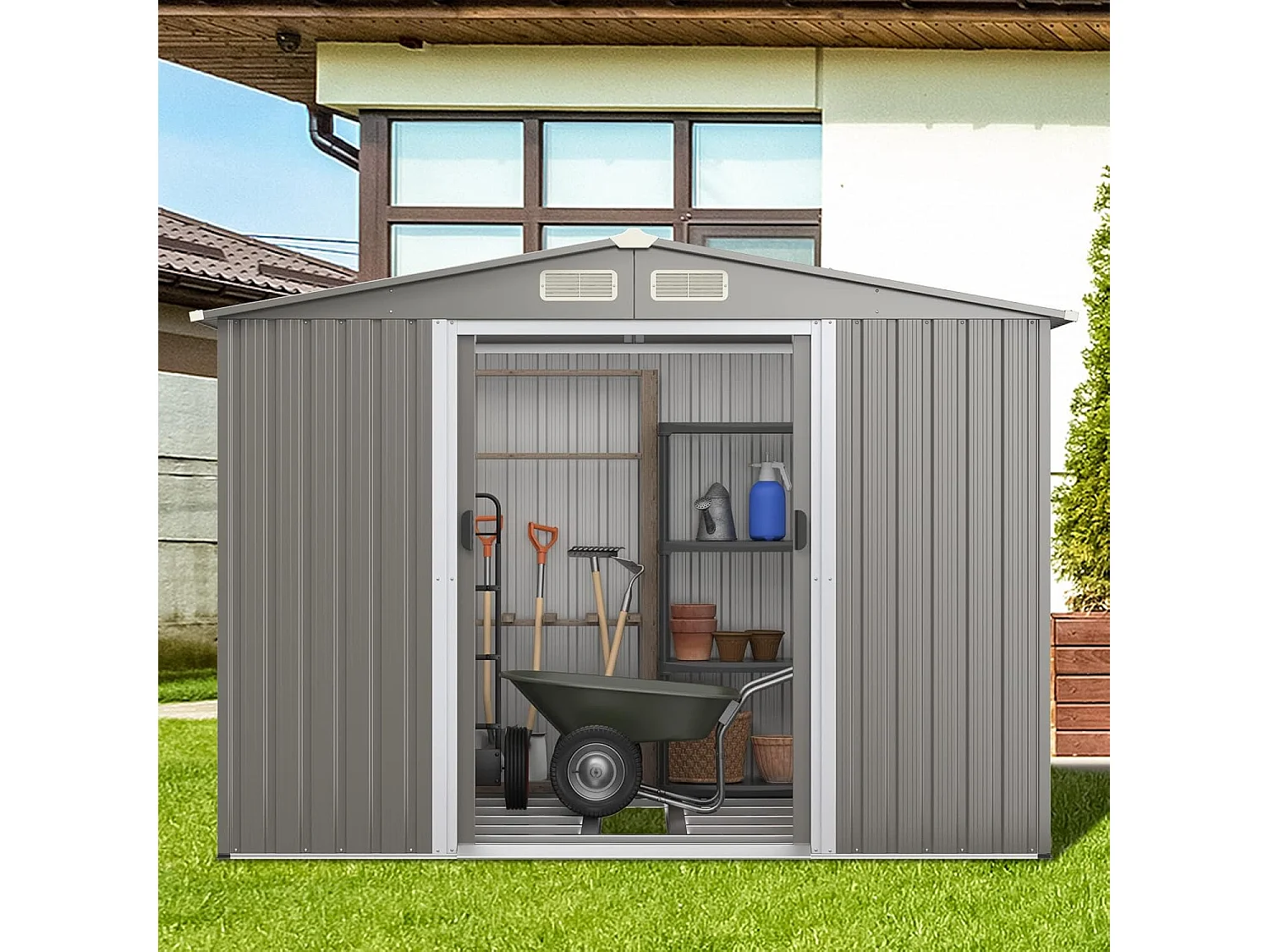 4,7㎡ Gegalvaniseerd stalen metalen tuinhuisje voor buiten met fundering, hellend dak, 4 luiken, dubbele schuifdeur, tuinhuisje voor buiten met oprit, voor fiets, prullenbak, 260x207x181cm