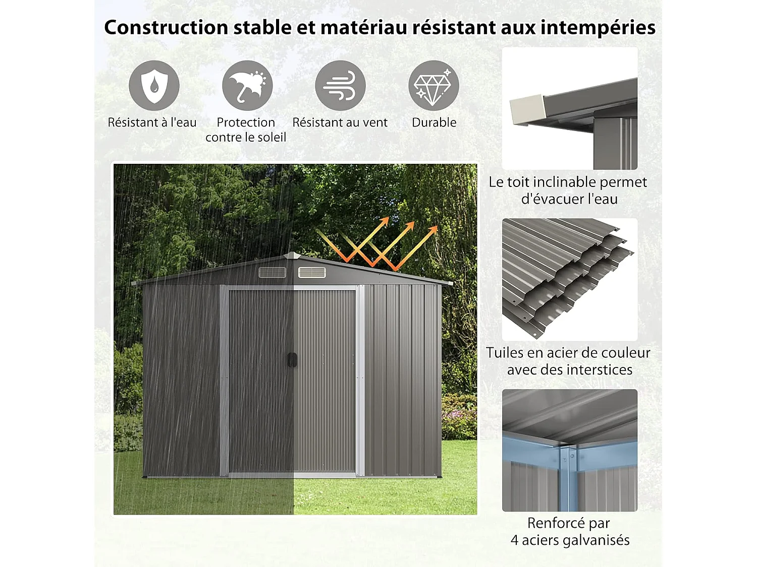 4,7㎡ Gegalvaniseerd stalen metalen tuinhuisje voor buiten met fundering, hellend dak, 4 luiken, dubbele schuifdeur, tuinhuisje voor buiten met oprit, voor fiets, prullenbak, 260x207x181cm