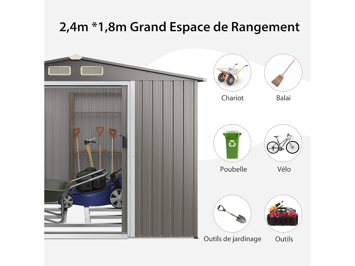 4,7㎡ Gegalvaniseerd stalen metalen tuinhuisje voor buiten met fundering, hellend dak, 4 luiken, dubbele schuifdeur, tuinhuisje voor buiten met oprit, voor fiets, prullenbak, 260x207x181cm