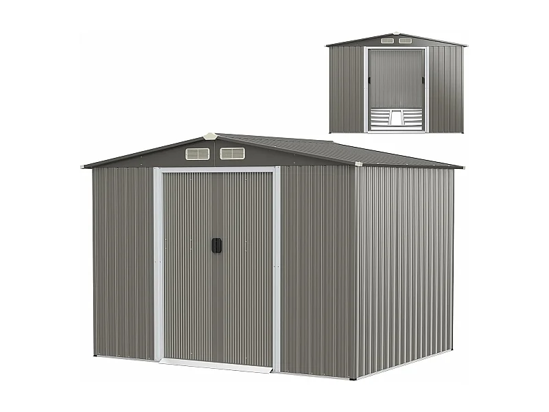 Abri de Jardin 4.7㎡en Acier Galvanisé Anti-UV, 260 x 207 x 181 CM, Cabane de Jardin Exterieur 9.7 m³ avec Fondation et Porte Coulissante, Rampe, 4 Trous d’Aération, 4 Gants Inclus, Gris
