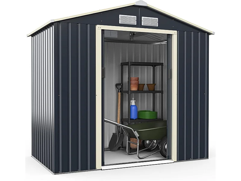 Abri de Jardin en Métal-2,7㎡-2 Portes Coulissantes Verrouillables-4 Trous d’Aération-Toit Penché/Cabane Jardin-213,5 x 127 x 194,5cm-Gris