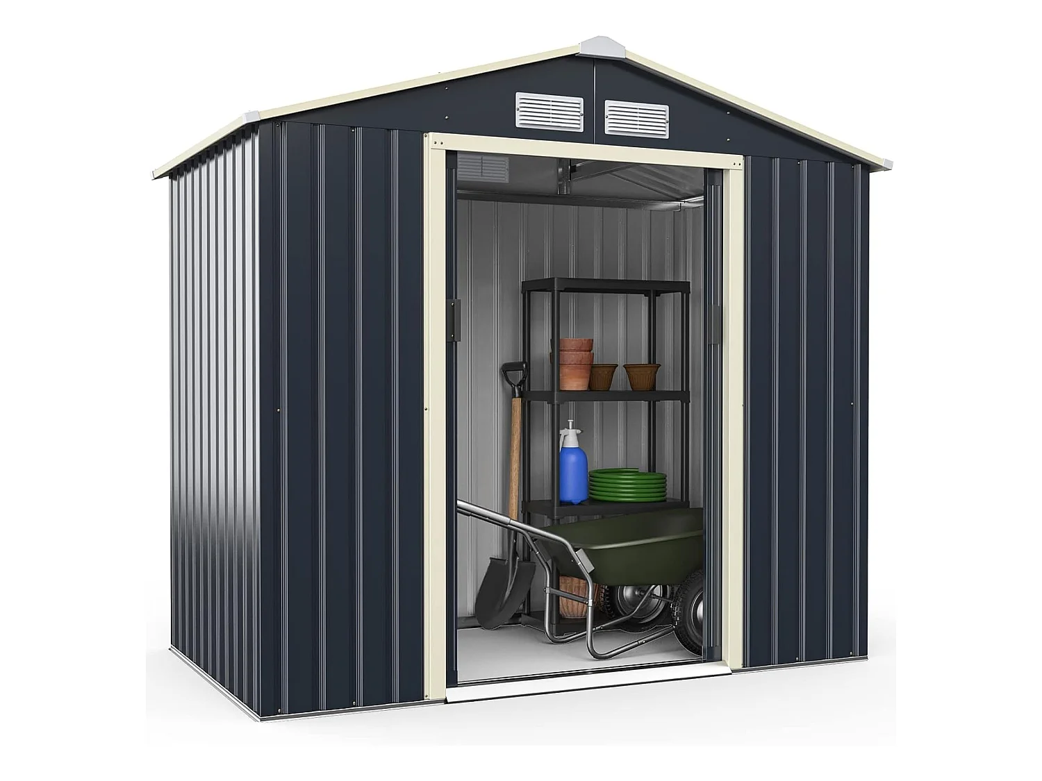 Abri de Jardin en Métal-2,7㎡-2 Portes Coulissantes Verrouillables-4 Trous d’Aération-Toit Penché/Cabane Jardin-213,5 x 127 x 194,5cm-Gris