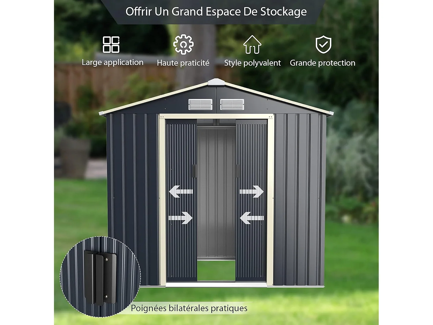 Abri de Jardin en Métal-2,7㎡-2 Portes Coulissantes Verrouillables-4 Trous d’Aération-Toit Penché/Cabane Jardin-213,5 x 127 x 194,5cm-Gris