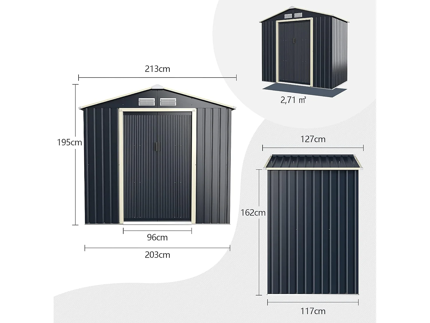 Abri de Jardin en Métal-2,7㎡-2 Portes Coulissantes Verrouillables-4 Trous d’Aération-Toit Penché/Cabane Jardin-213,5 x 127 x 194,5cm-Gris