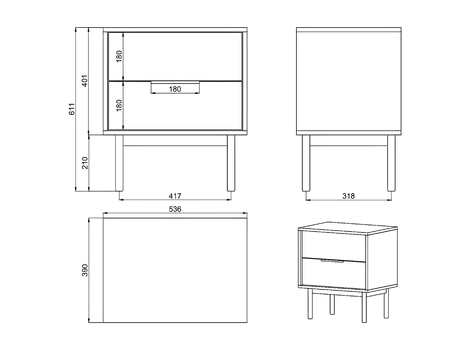 Table de chevet avec 2 tiroirs - 54 cm - noir - VIVIARO
