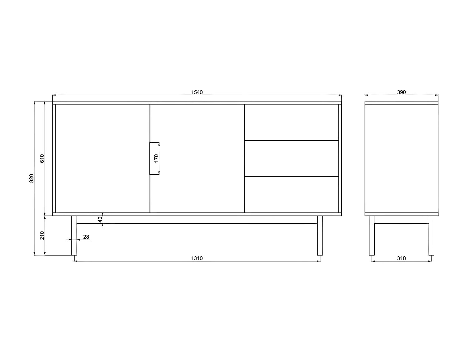Commode - 154 cm avec trois tiroirs - blanc - VIVIARO
