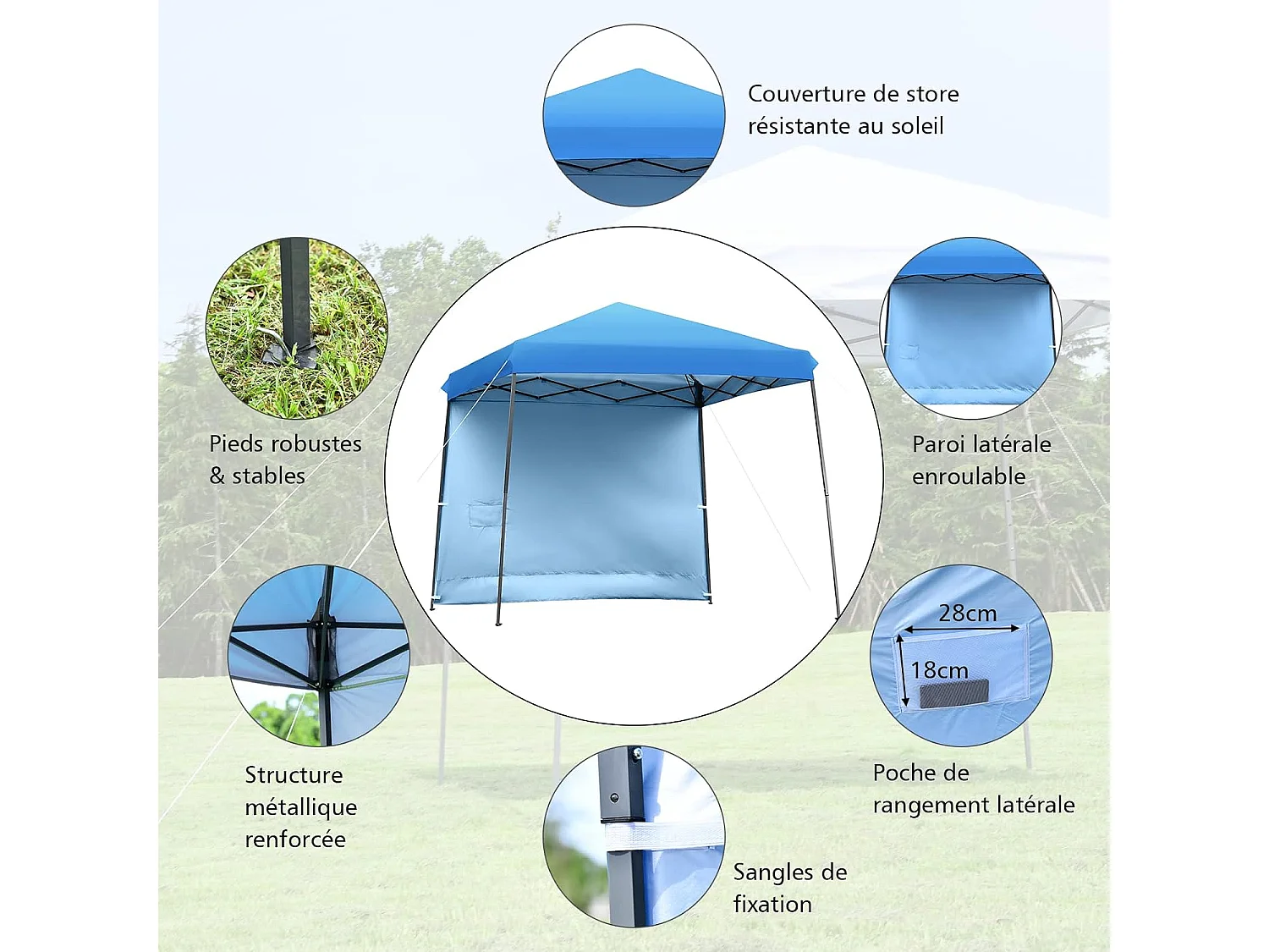 Tonnelle de Jardin 3x3m Pliable-Hauteur Réglable avec Parois Latérales Amovibles et Sac à Dos à roulettes- Auvent pour CamBoisg, Festival, Plage, Bleu