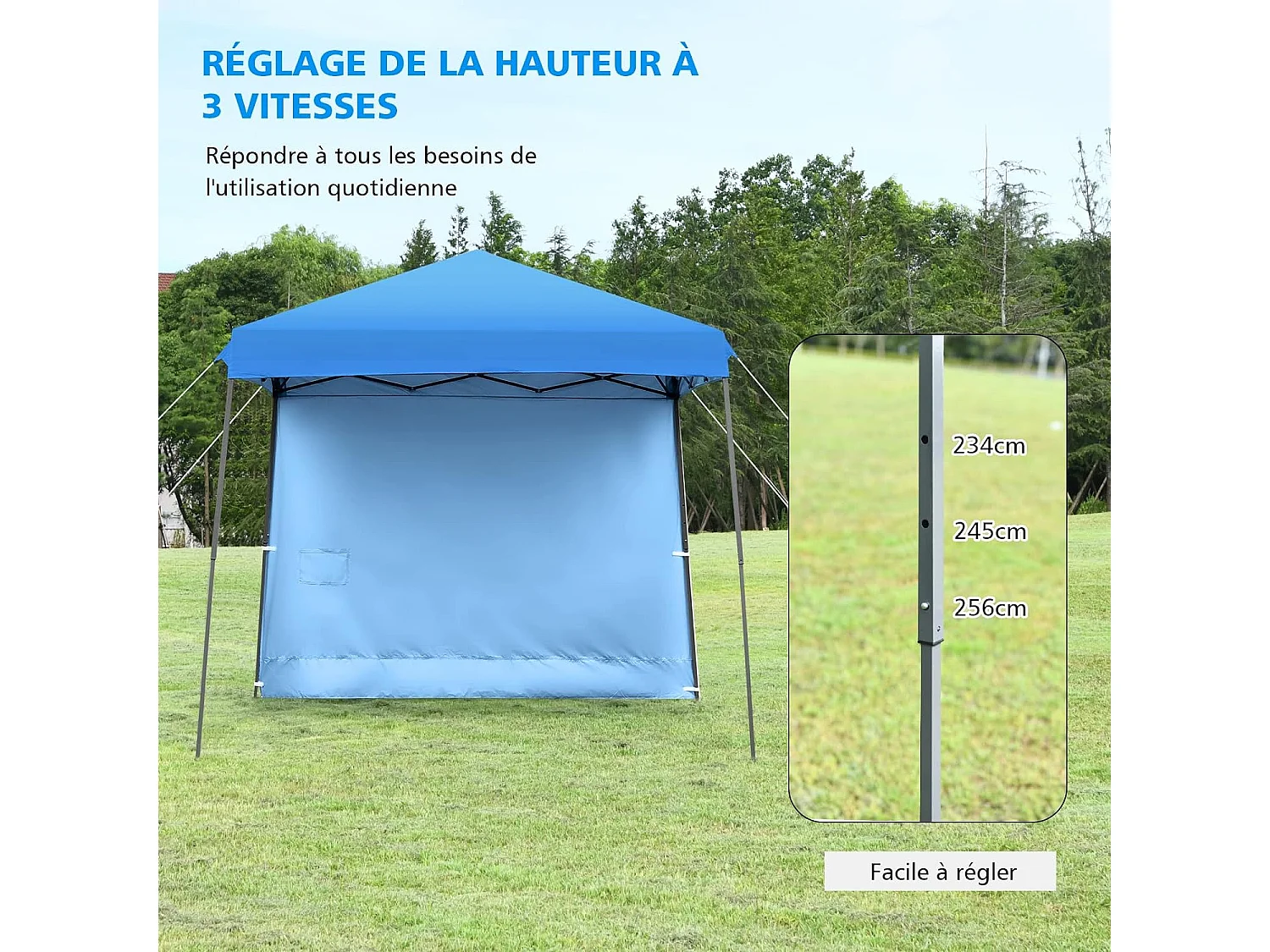 Tonnelle de Jardin 3x3m Pliable-Hauteur Réglable avec Parois Latérales Amovibles et Sac à Dos à roulettes- Auvent pour CamBoisg, Festival, Plage, Bleu