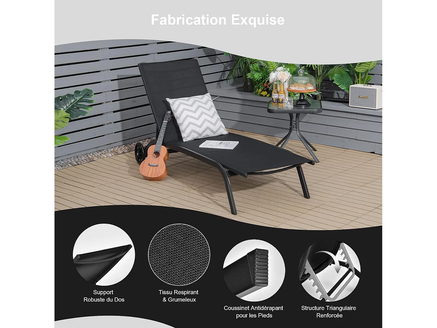 Chaise Longue de Jardin/Bain de Soleil,Réglable à 6 Positions,Transat de Relaxation pour Bord de Piscine, Cour et Jardin Noir