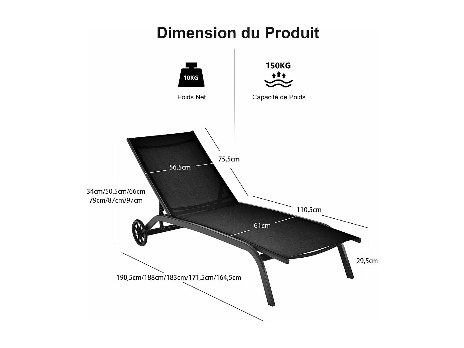 Chaise Longue de Jardin/Bain de Soleil,Réglable à 6 Positions,Transat de Relaxation pour Bord de Piscine, Cour et Jardin Noir