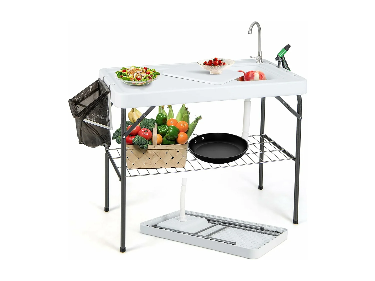 Table de Camping Pliante 2 en 1 Evier Nettoyage avec Robinet à 360°,Buse de Pulvérisation,Grille,Tuyau de Vidange Fente