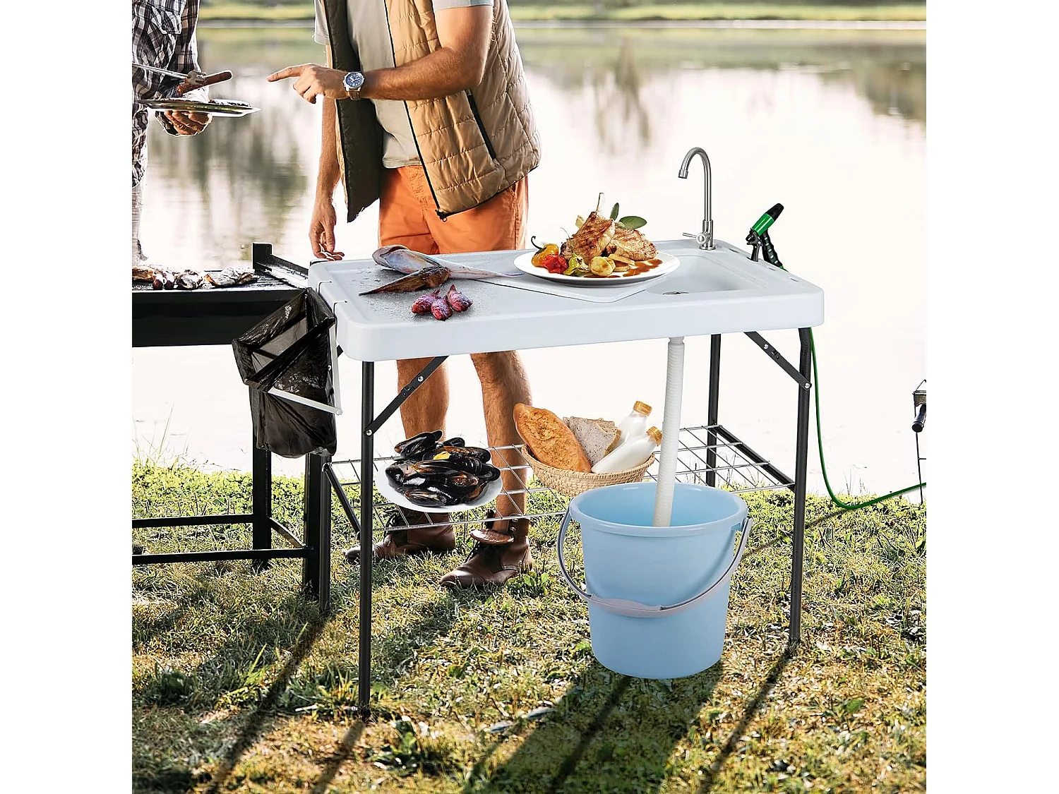 Table de Camping Pliante 2 en 1 Evier Nettoyage avec Robinet à 360°,Buse de Pulvérisation,Grille,Tuyau de Vidange Fente
