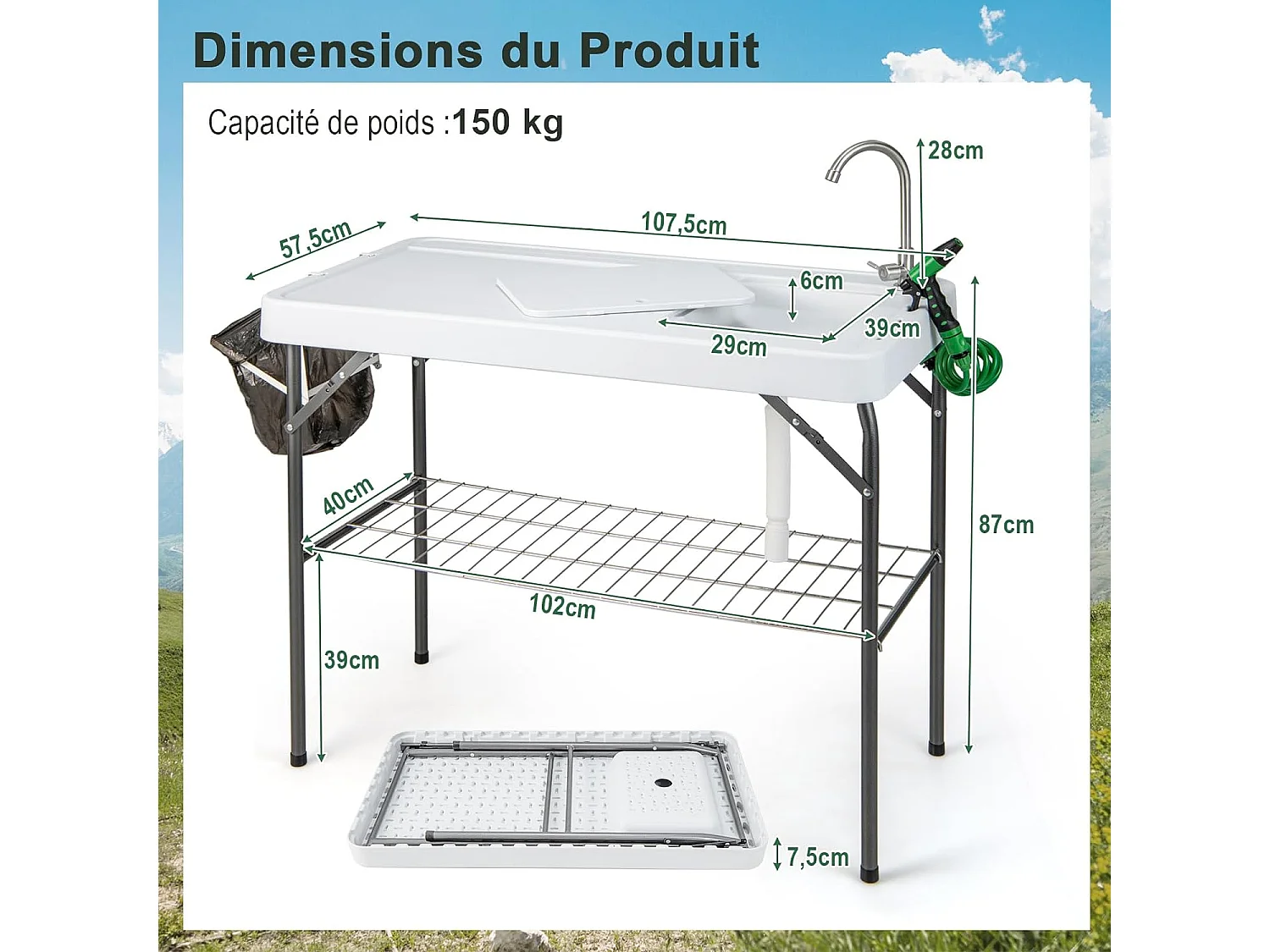 Table de Camping Pliante 2 en 1 Evier Nettoyage avec Robinet à 360°,Buse de Pulvérisation,Grille,Tuyau de Vidange Fente