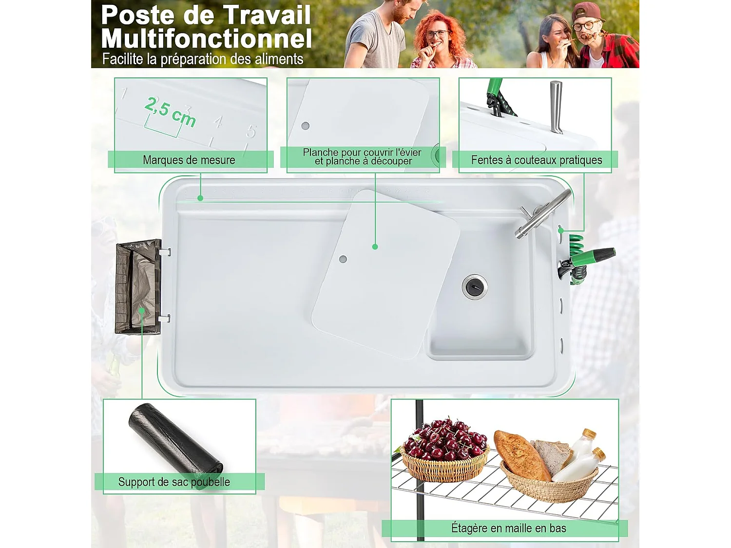 Table de Camping Pliante 2 en 1 Evier Nettoyage avec Robinet à 360°,Buse de Pulvérisation,Grille,Tuyau de Vidange Fente