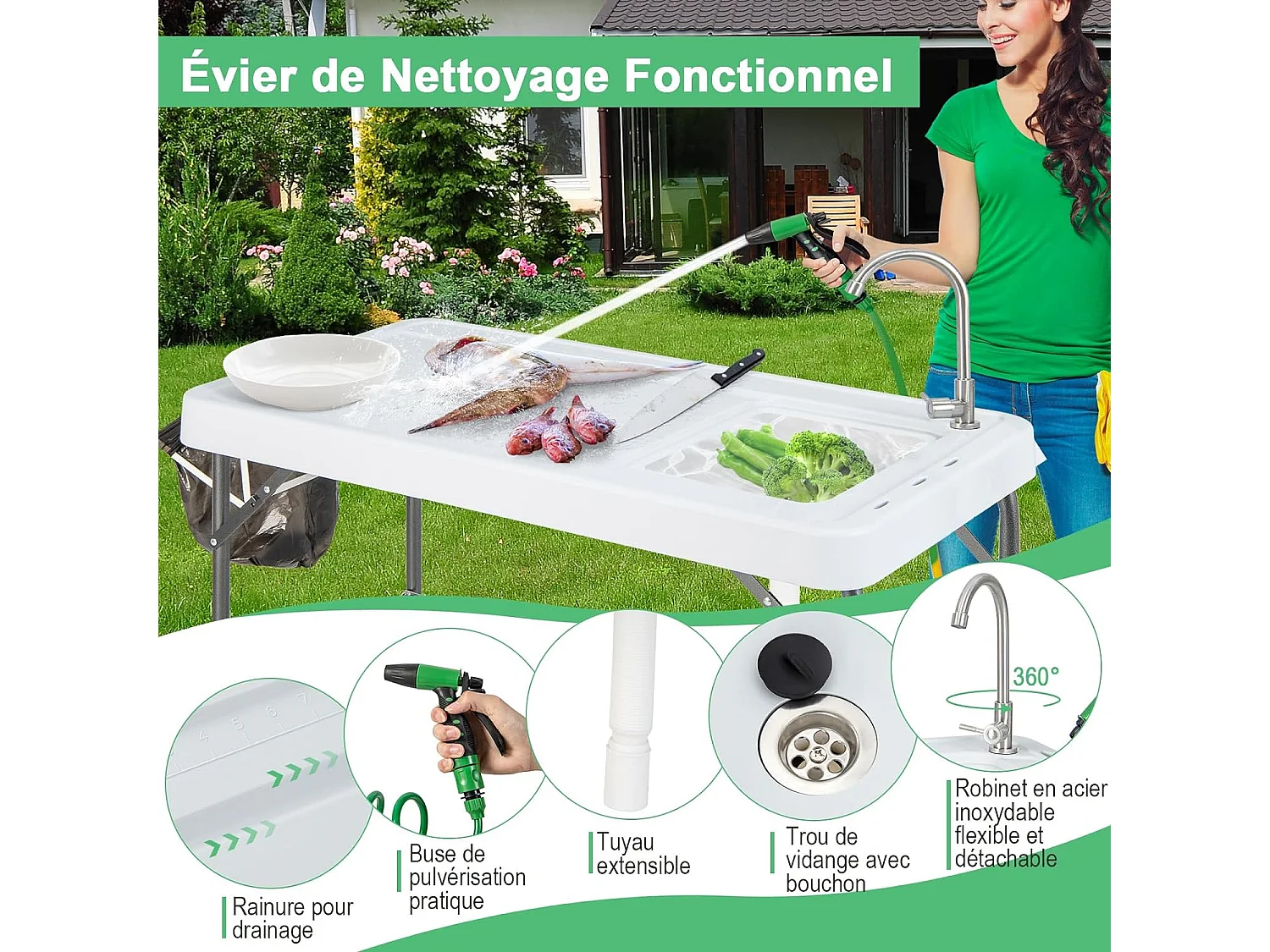 Table de Camping Pliante 2 en 1 Evier Nettoyage avec Robinet à 360°,Buse de Pulvérisation,Grille,Tuyau de Vidange Fente