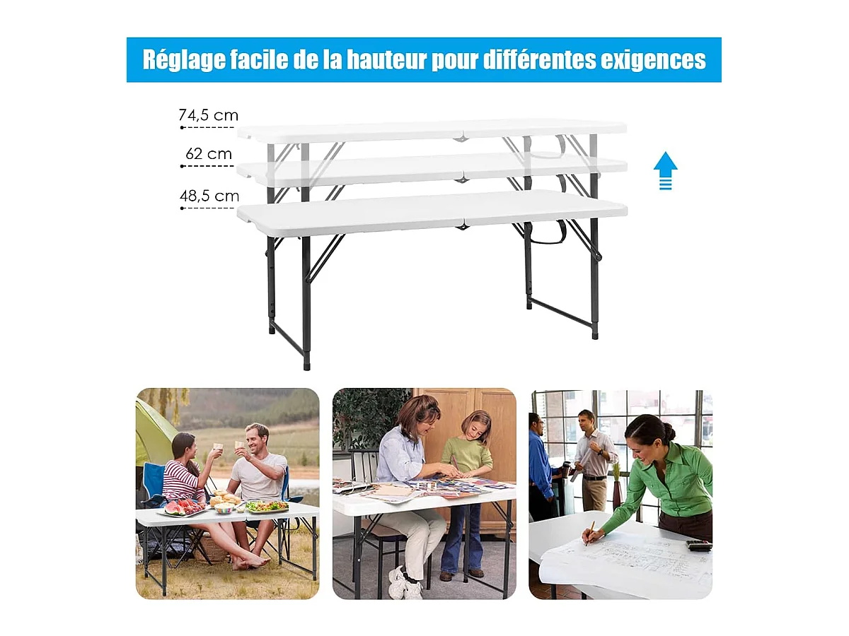 Tuinklaptafel, picknicktafel met 3 verstelbare hoogtes, draagbare eettafel voor kamperen, feesten