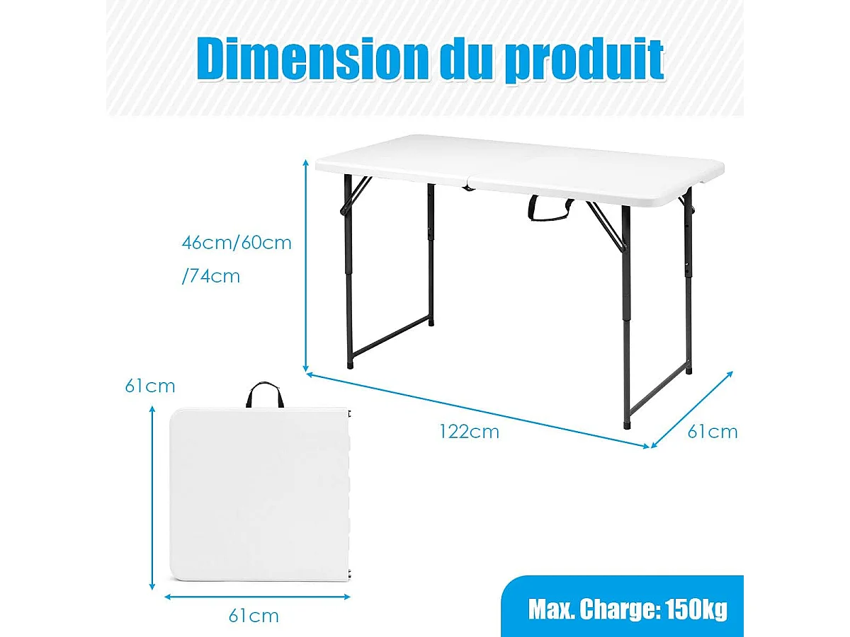 Table Pliante Jardin, Table de Pique-nique avec 3 Hauteurs Réglables, Table de Salle à Manger Portable pour Camping, Fête