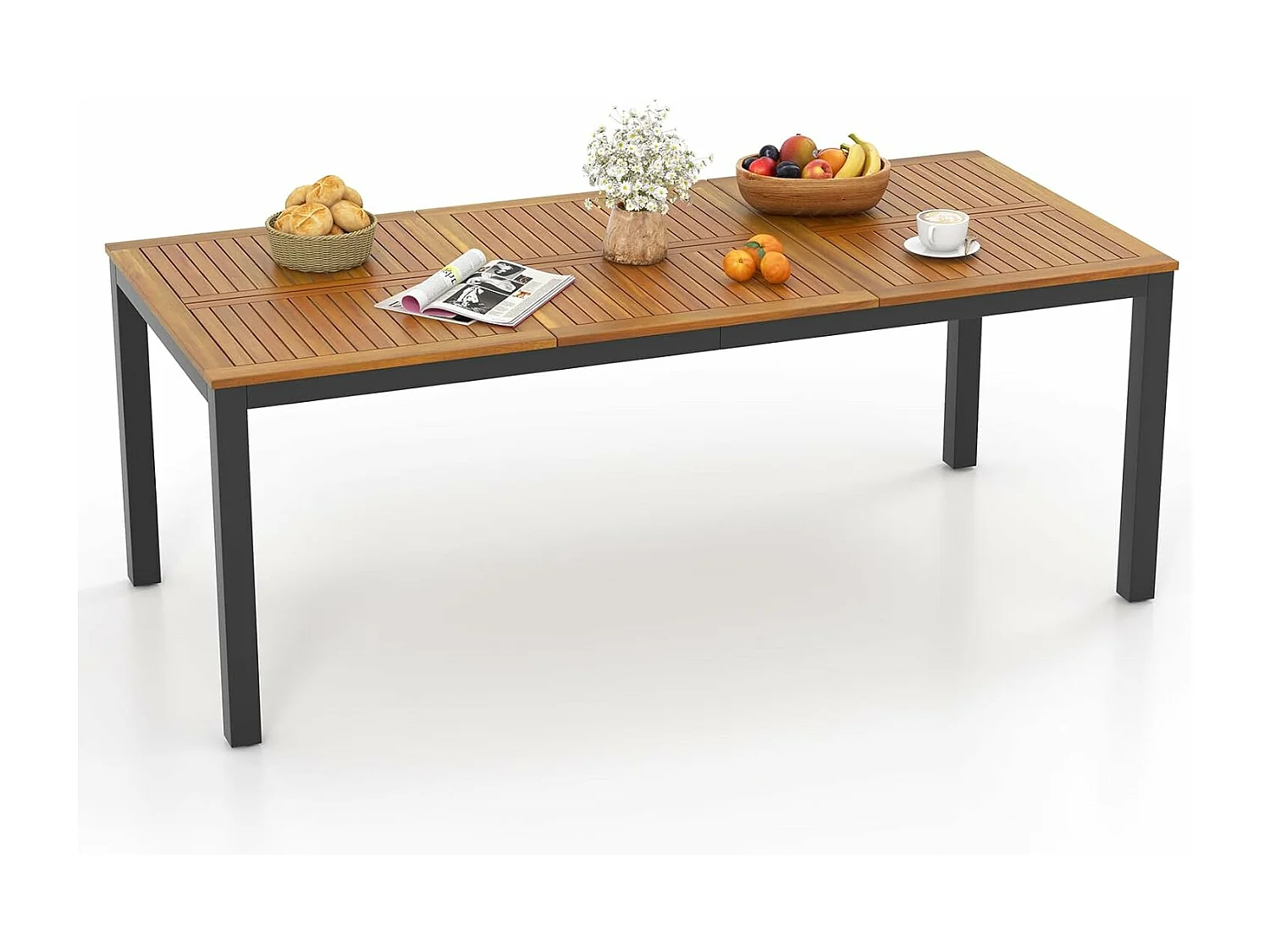 Table de Jardin 200 CM pour 8 Personnes, Table Exterieur en Bois d’Acacia, Table à Manger avec Trou de Parasol Dia.5 CM, Design Latte, Pieds en Métal, Rectangulaire