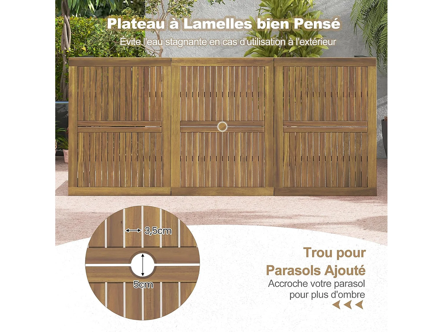 Table de Jardin 200 CM pour 8 Personnes, Table Exterieur en Bois d’Acacia, Table à Manger avec Trou de Parasol Dia.5 CM, Design Latte, Pieds en Métal, Rectangulaire