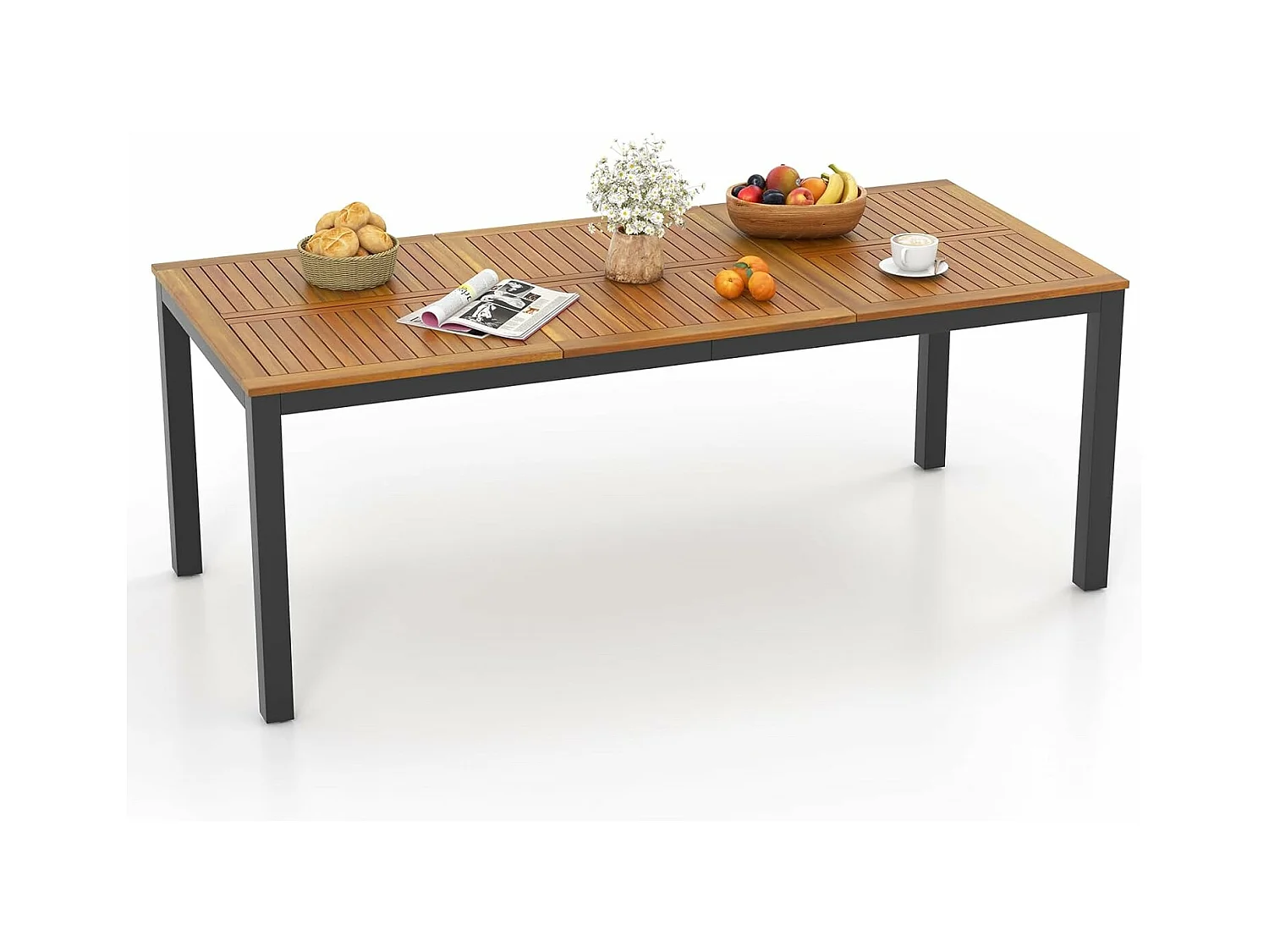 Table de Jardin 200 CM pour 8 Personnes, Table Exterieur en Bois d’Acacia, Table à Manger avec Trou de Parasol Dia.5 CM, Design Latte, Pieds en Métal, Rectangulaire