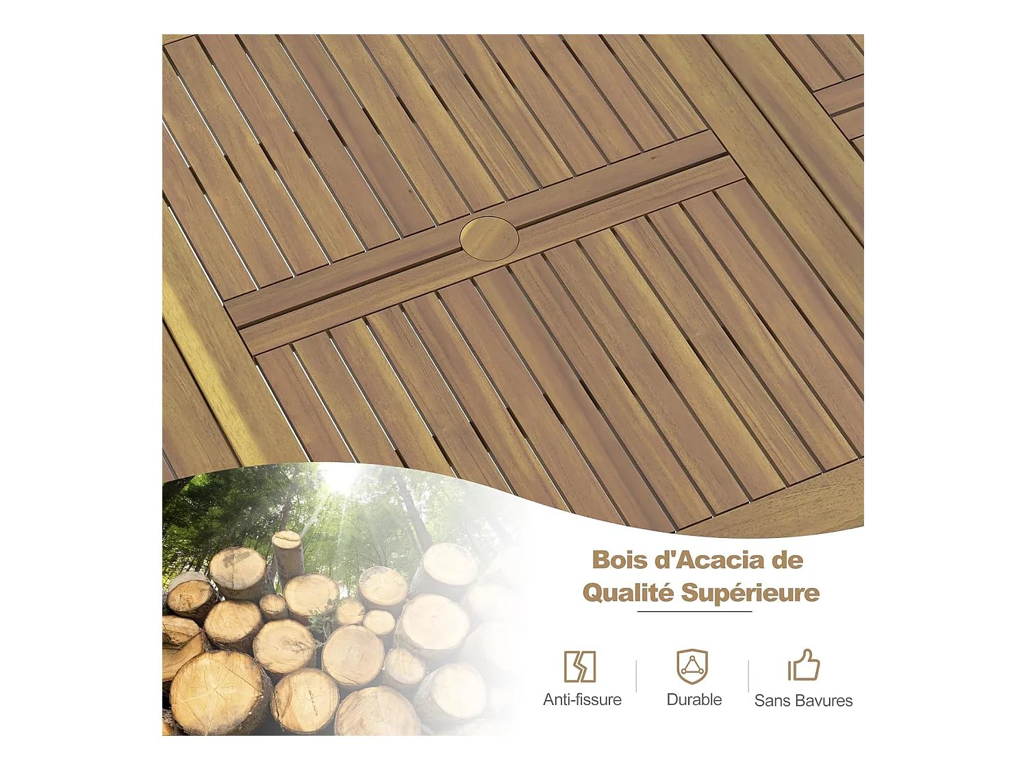 Table de Jardin 200 CM pour 8 Personnes, Table Exterieur en Bois d’Acacia, Table à Manger avec Trou de Parasol Dia.5 CM, Design Latte, Pieds en Métal, Rectangulaire