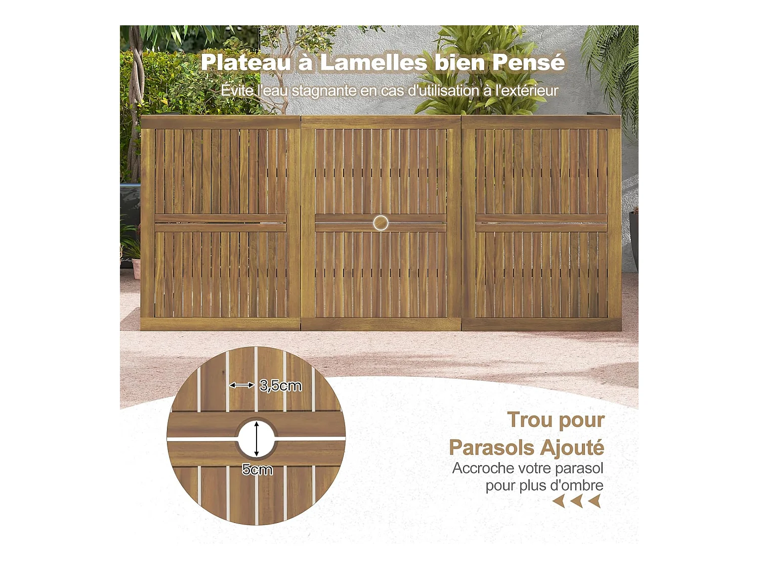 Table de Jardin 200 CM pour 8 Personnes, Table Exterieur en Bois d’Acacia, Table à Manger avec Trou de Parasol Dia.5 CM, Design Latte, Pieds en Métal, Rectangulaire