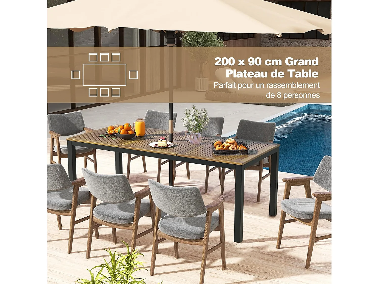 Table de Jardin 200 CM pour 8 Personnes, Table Exterieur en Bois d’Acacia, Table à Manger avec Trou de Parasol Dia.5 CM, Design Latte, Pieds en Métal, Rectangulaire