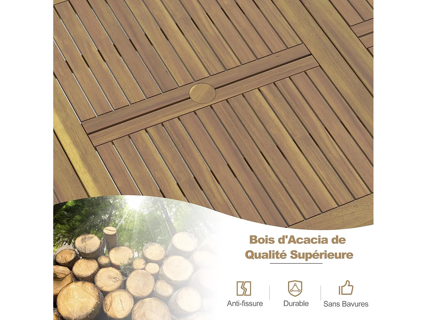 Table de Jardin 200 CM pour 8 Personnes, Table Exterieur en Bois d’Acacia, Table à Manger avec Trou de Parasol Dia.5 CM, Design Latte, Pieds en Métal, Rectangulaire