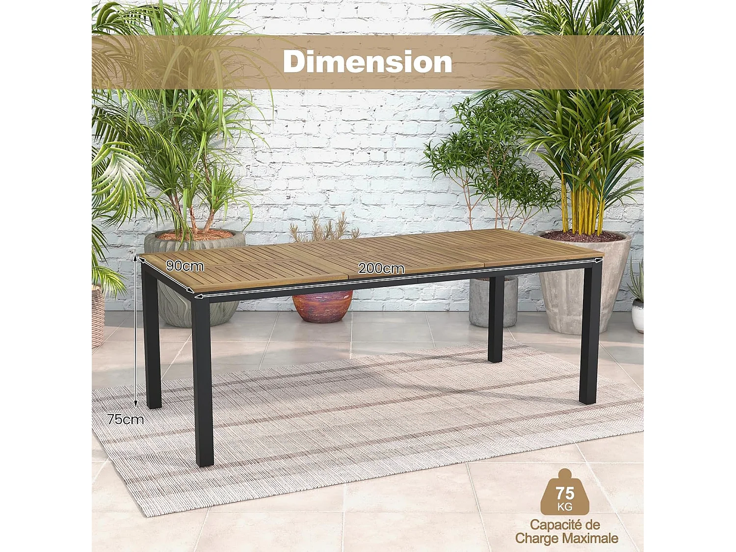 Table de Jardin 200 CM pour 8 Personnes, Table Exterieur en Bois d’Acacia, Table à Manger avec Trou de Parasol Dia.5 CM, Design Latte, Pieds en Métal, Rectangulaire