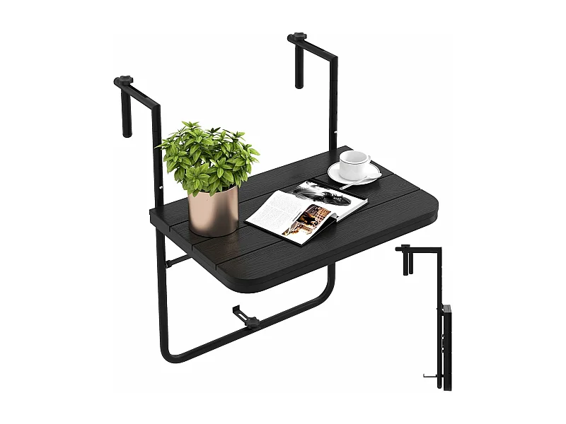 Table de Balcon Suspendue Pliable avec Hauteur 73/78,5/84CM, Table Rabattable en Hips et Métal avec Revêtement Anti-Rouille Charge 30KG pour Balcon Jardin, Noir